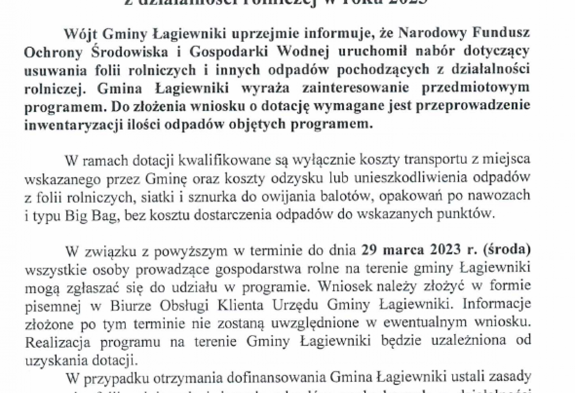 Usuwanie folii rolniczych i innych odpadów pochodzących z produkcji rolnej w roku 2023